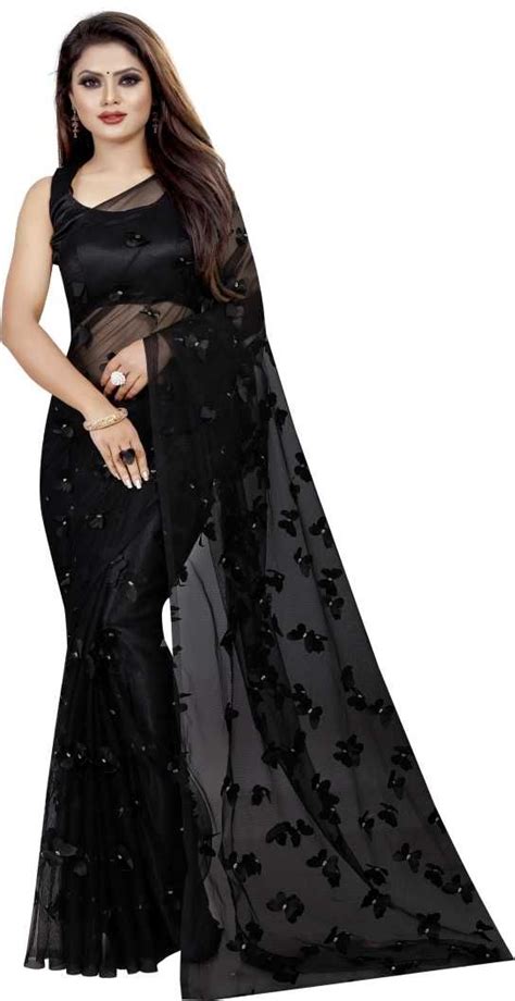 Beautiful Black Embellished Net Saree With Blouse Piece Black Saree