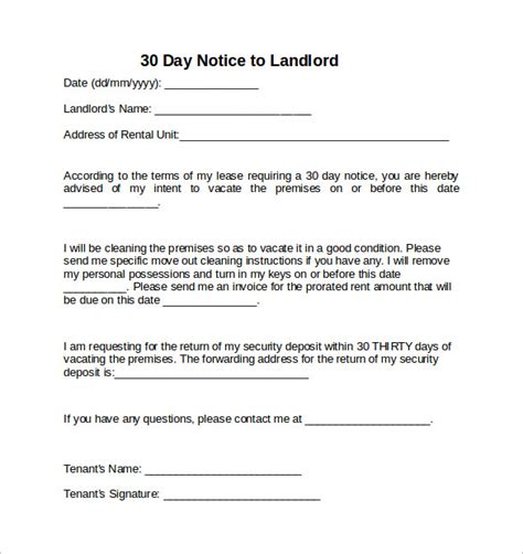 30 Day Notice Letter Template To Landlord