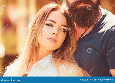 She Belongs To Him Sensual Woman With Long Hair And Makeup Look Woman And Bearded Man In Love