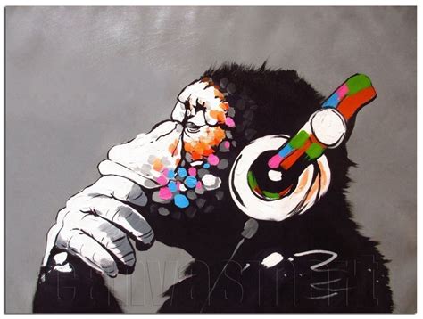 Dj Monkey Thinker With Headphones Banksy Oil Painting