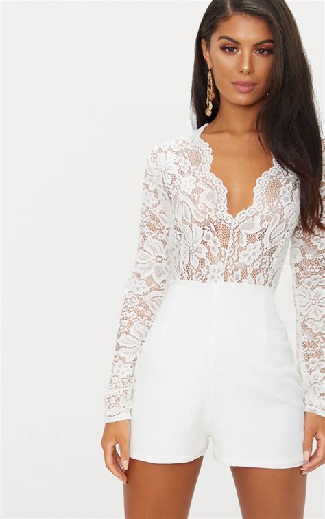 white lace long sleeve plunge playsuit prettylittlething aus