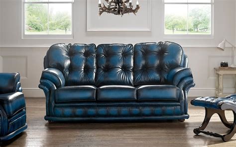 Chesterfield 3 Seater Sofa Antique Blue Handmade Real Leather In