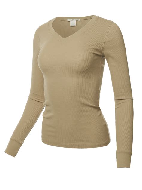 A2y A2y Womens Basic Solid Fitted Long Sleeve V Neck Thermal Top Shirt Light Mocha 2xl