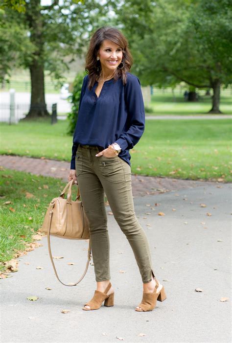 navy blouse olive pants cyndi spivey olive pants outfit olive green pants outfit trendy