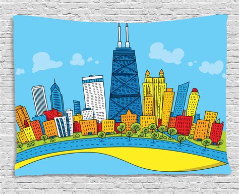 Chicago Skyline Tapestry Cute Cartoon Style Childish City View With