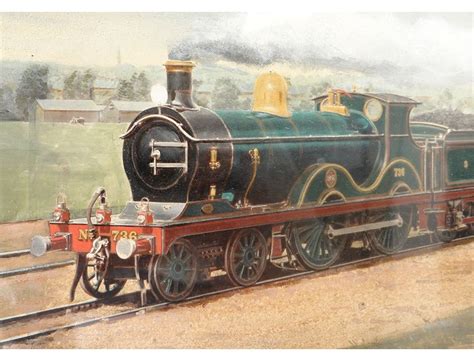 Gouache Painting Locomotive Steam Train Wagons Twentieth
