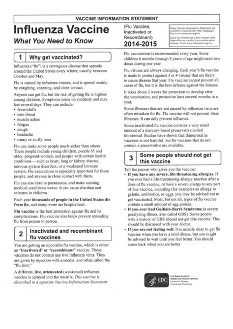 influenza vaccine information sheet printable
