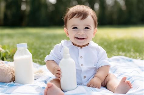 Premium Photo Smile Adorable Baby Drinking Milk From Bottle While