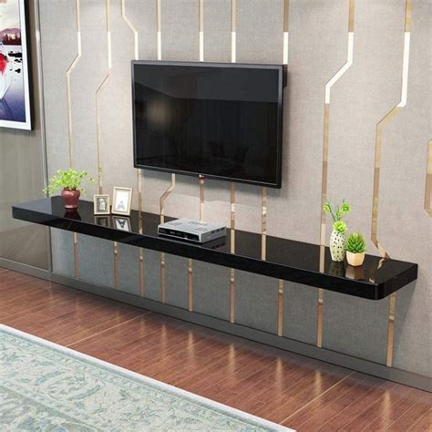 Long Floating Tv Stand Glossy Black Minimal Shelf With Rounded Corners