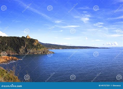 Cliff Rock And Building On The Sea On Sunset Quercianella Tuscany