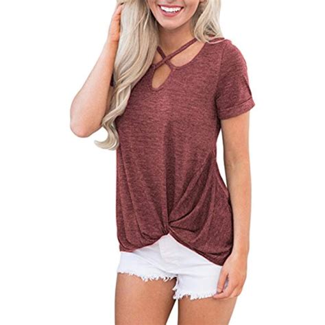 Womens Summer Short Sleeve Shirts Cross Neck Knot Front Tunic Tops Blouse Details Can Be