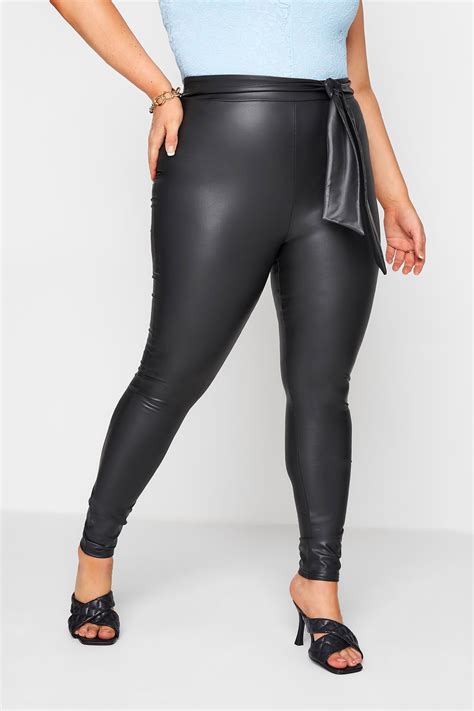 Plus Size Black Pu Tie Waist Leggings Yours Clothing