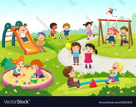 Happy Children Playing In Playground Vector Image On In 2020 Happy