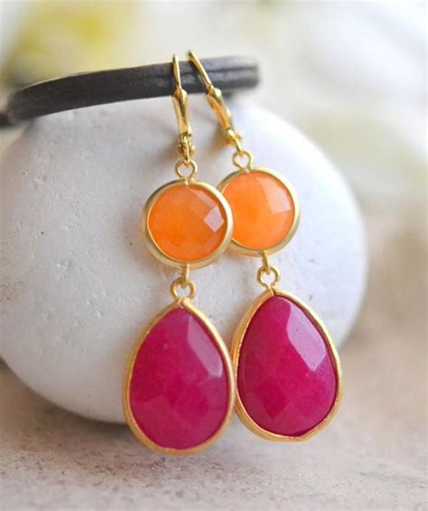 Dangle Earrings With Fuchsia Teardrop And Orange Jewels Jewelry