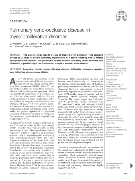 Pdf Pulmonary Veno Occlusive Disease In Myeloproliferative Disorder