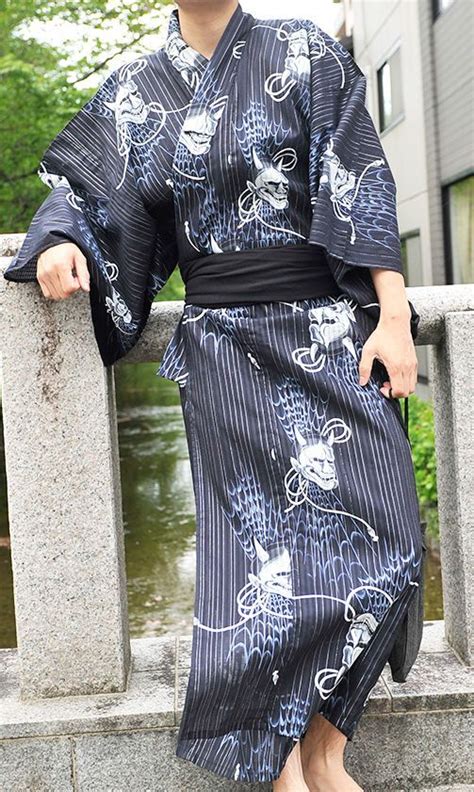 Japanese Mens Traditional Summer Kimono Yukata L 10 Black Hannya