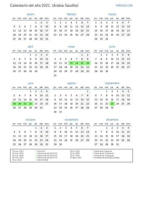 Calendario 2021 Con Días Festivos En Arabia Saudita Imprimir Y