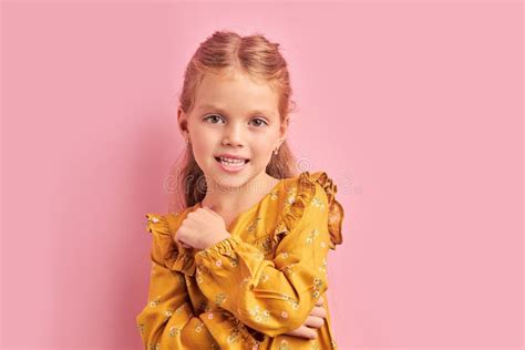Charming Little Girl Posing Over Pink Background Stock Image Image Of