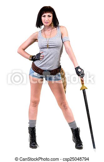 Young Warrior Woman Holding Sword Isolated On White Background In Full