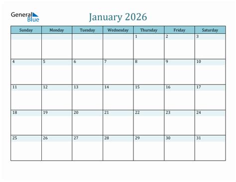 January 2026 Monthly Calendar Template Sunday Start