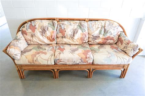Vintage Bohemian Bamboo Couch With Original Cushions And Tropical