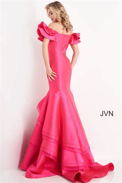 JVN Fuchsia Layered Mermaid Skirt Prom Dress
