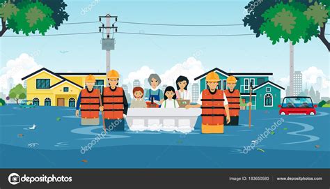 Flood Rescue Teams Helping Children Women Out Floods — Stock Vector