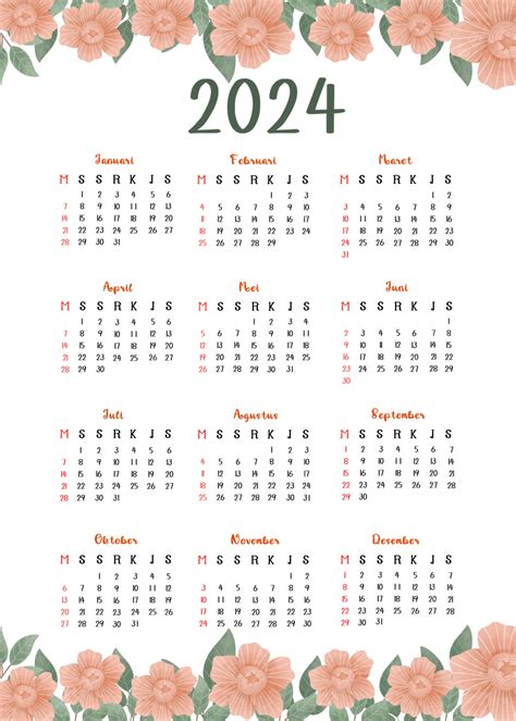 Kalender 2024 Mit Blumendekoration Kalender Neues Jahr 2024