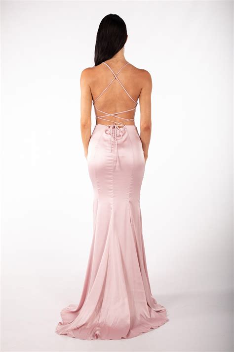 Ciara Lace Up Back Front Slit Satin Gown Pink Noodz Boutique