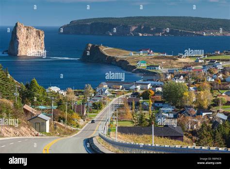 Canada Quebec Gaspe Peninsula Perce Elevated View Of Town And Perce