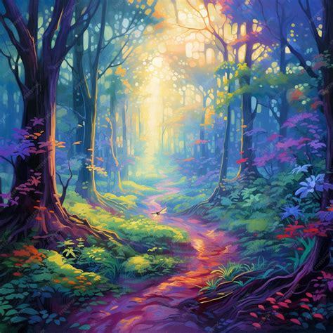 Premium Ai Image A Painting Of A Path In A Forest With A Sun Shining