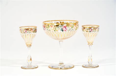Set Of 6 Moser Dessert Wine Goblets With Polychrome Florals And Gold Decoration Goblets