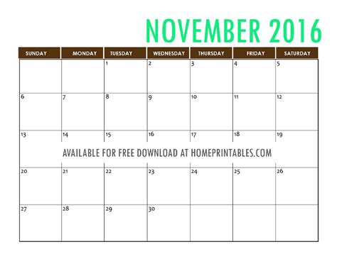 Free Printable November 2016 Calendar Home Printables