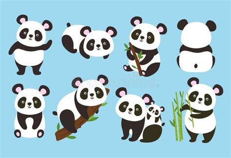Cartoon Pandas Cute Baby Bear With Bamboo And Tree Branches Panda In