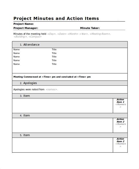 Minutes Of Meeting Template With Action Items Excel Crafts Diy And