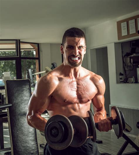 Man Doing Biceps Curls In Gym Stock Image Image Of Fitness Male