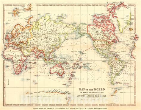 Historic Map 1875 Map Of The World On Mercators Projection Showing