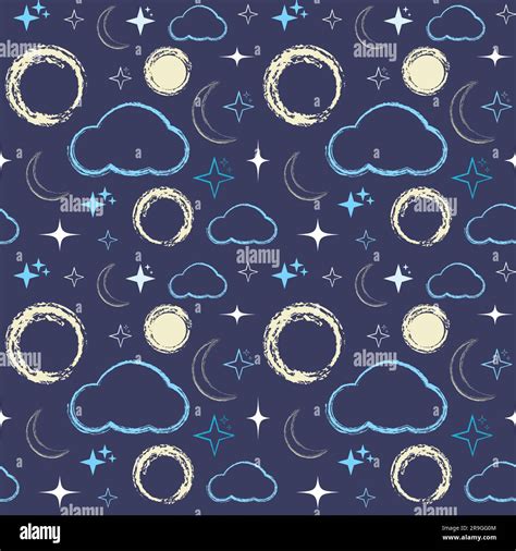 Hand Drawn Chalk Seamless Pattern Night Sky Cloud Moon Stars Vector