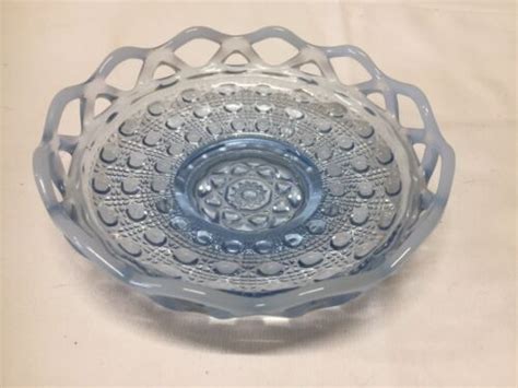 Vtg Imperial Lace Katy Blue Opalescent Open Lace Edge Footed Bowl Candy