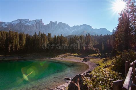 Beautiful Lake Carezza In South Tyrol Italy And Mountain Range Latemar
