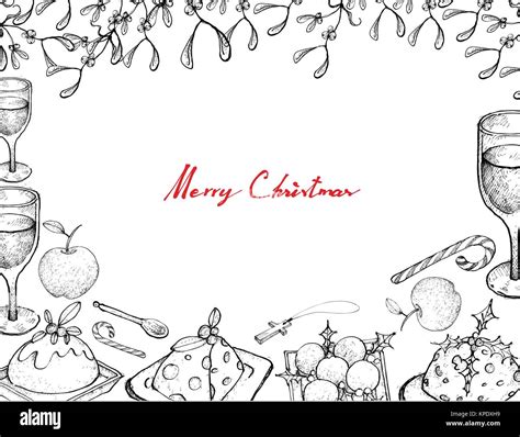 ilustración de bastidor boceto dibujados a mano de pudín de navidad con apple vino y candy cane