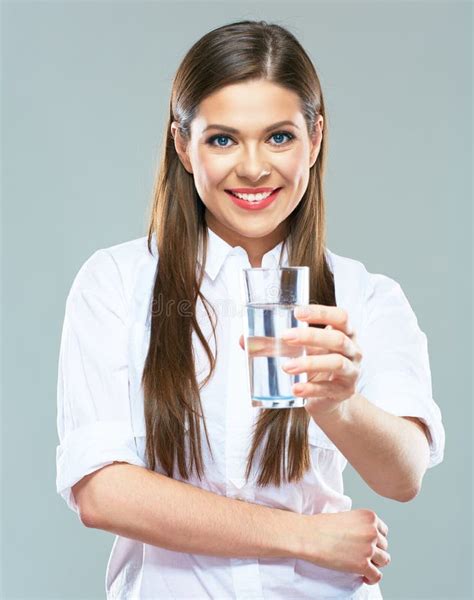 Smiling Woman Holding Water Glass Isolated Portrait Of Young M Stock