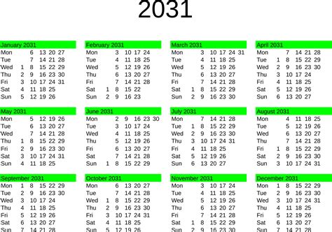 Año 2031 Calendario En Inglés 24310441 Vector En Vecteezy