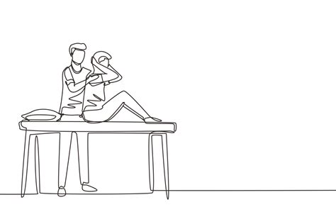 Single One Line Drawing Man Sitting On Massage Table Masseur Doing Healing Treatment Massaging