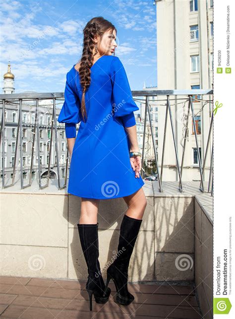 Beautiful Young Girl Model On The Background Of The Urban Landsc Stock