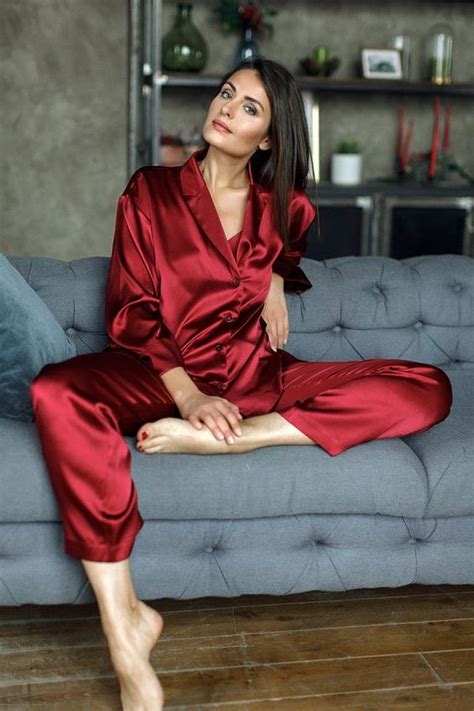 Picture Of Red Silk Pajamas With Long Sleeves And Pants Are Amazing Both In Color And Fabric