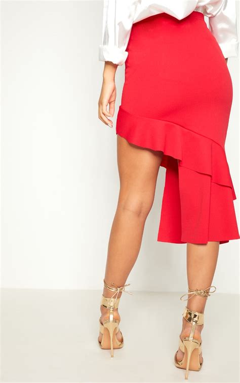 Red Frill Asymmetric Midaxi Skirt Skirts Prettylittlething