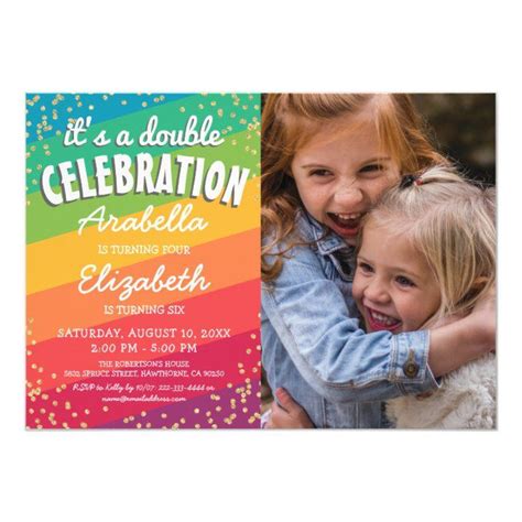 Colorful Joint Sibling Photo Birthday Party Invitation In