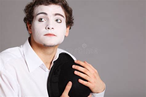 Male Mime Artist Gesturing With His Hands Excitement Stock Photo