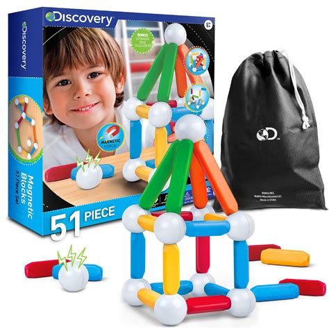 Discovery Kids 51 Piece Magnetic Building Block Set With Storage Bag 51